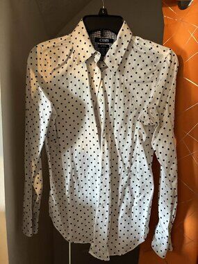 Long Sleeved White Black Polkadot Button Up Collared Shirt - S